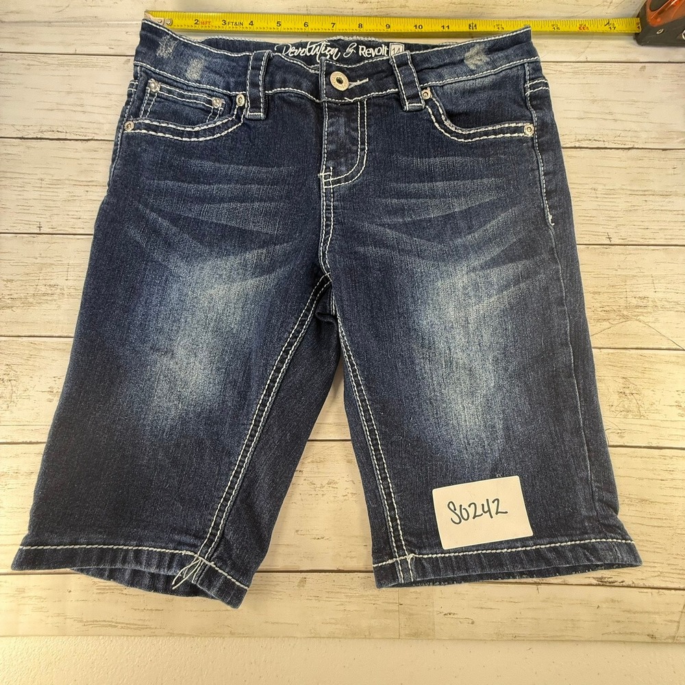 Revolution & Revolt Girls Denim Shorts Size 14 Dark Wash Cross Sequins Bermuda